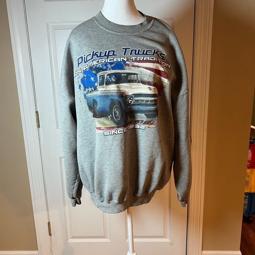 Vintage JERZEES Gray Pickup Trucks An American Tradition Graphic Sweatshirt-2X
